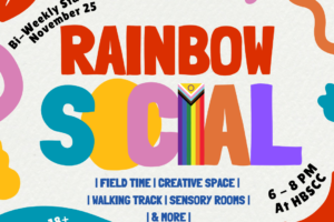 Colorful blocks around text that reads "rainbow social" with the progress pride flag as the "i" in the word social. Text with details of the event